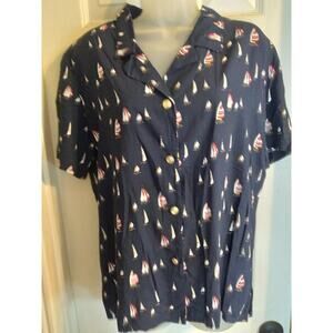Liz Claiborne Button Up Shirt Blue Allover Sailboat Print Sz 14 Nautical Cruise